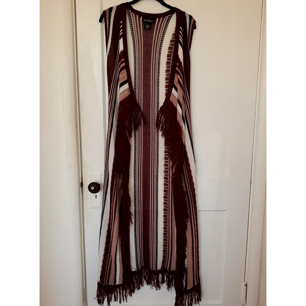 Bohemian Sleeveless Striped Long Open Front Vest XL Runway Fringe Earthy Browns
